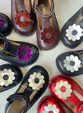 Miss ww family儿童手工太阳花T带皮鞋女童软底单鞋魔术贴Eureka