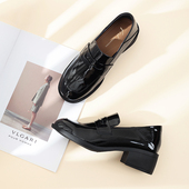 fed FBG990 英伦风黑色小皮鞋 新款 圆头深口舒适粗跟牛皮女乐福鞋