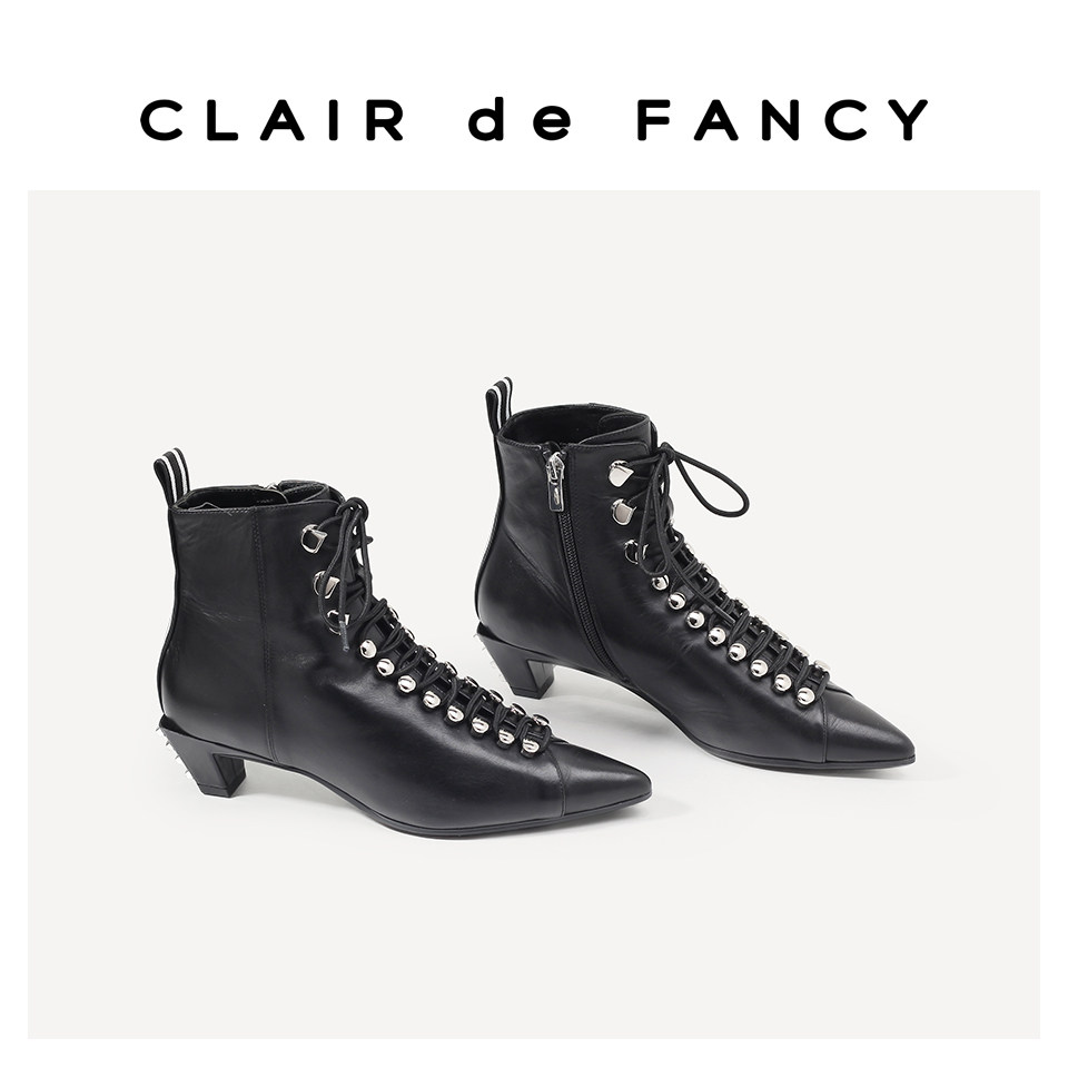 clair de fancy 秋冬流行交叉绑带尖头铆钉跟侧拉链头层牛皮 短靴
