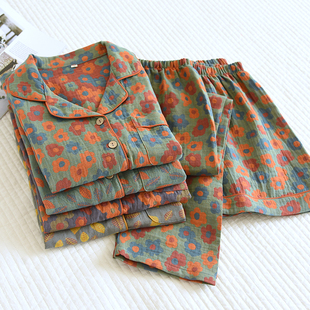 新款纯棉睡衣三件套女夏双层纱布短袖短裤长裤泡泡纱复古风家居服