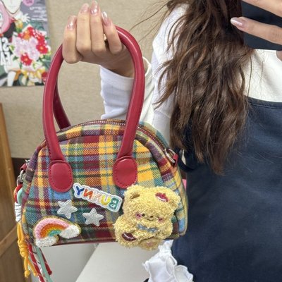ins精致格子kitty包包女可爱小熊手提包时尚小拎包通勤斜挎包袋