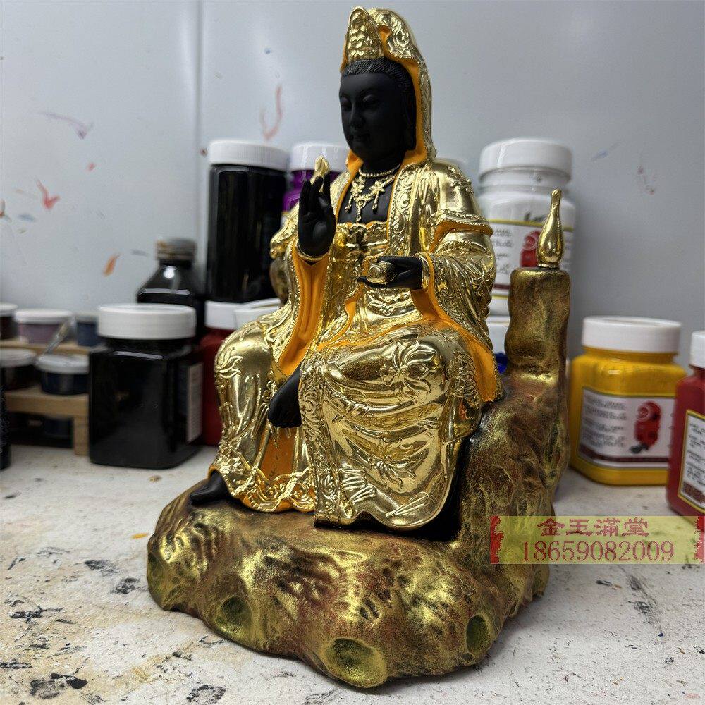 南海观世音坐山黑脸观音菩萨樟木雕刻白鹦哥10寸居家供奉神像佛像