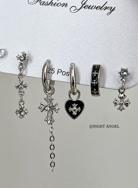 六只装复古欧美十字架五角星耳环个性哥特耳饰耳扣套装克罗芯耳钉