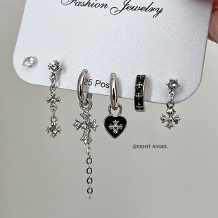 克罗芯耳钉 哥特耳饰耳扣套装 六只装 复古欧美十字架五角星耳环个性