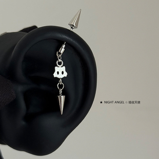 钛钢猫咪恶魔钉尖锥长款耳骨钉独特小众可爱喵耳钉高耳位上耳轮钉