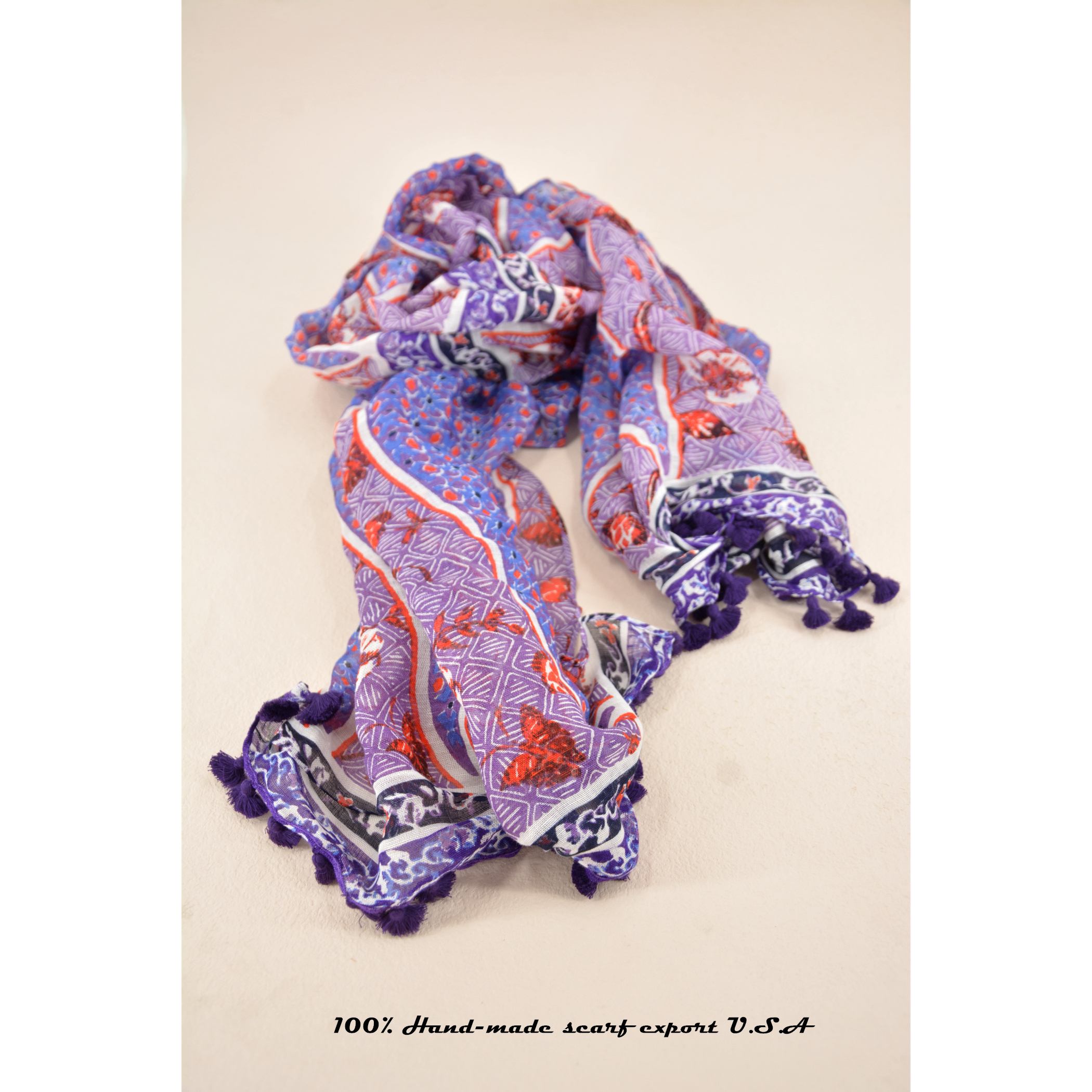 亚麻粘纤印花手工吊穗长款围巾