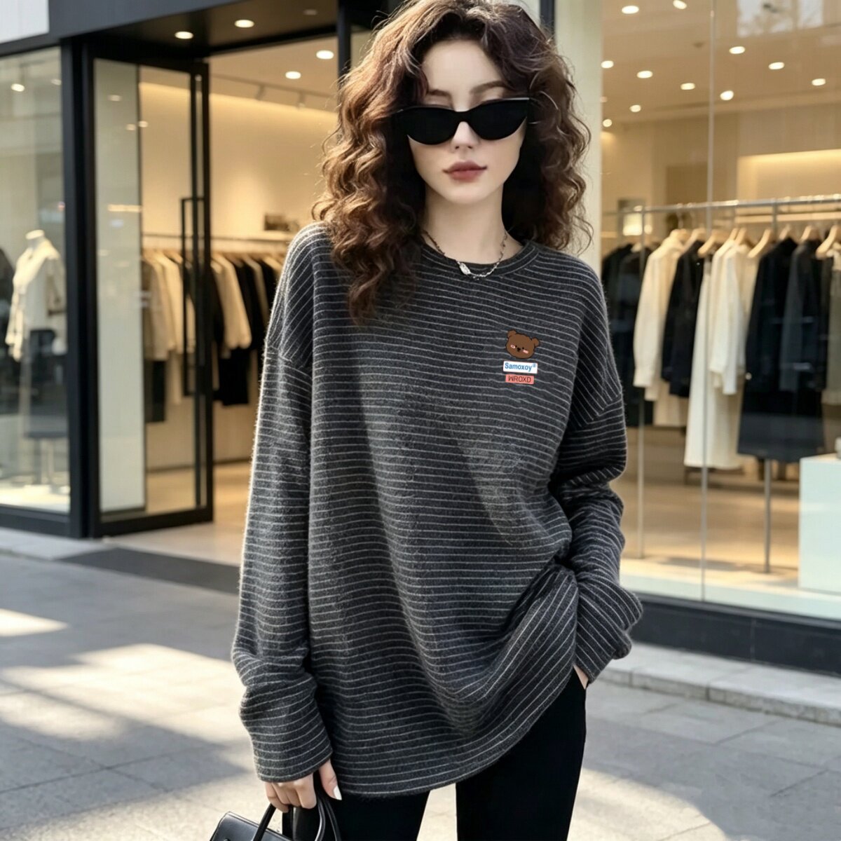 德绒中长款长袖t恤女欧货宽松保暖显瘦遮肉打底衫减龄印花上衣