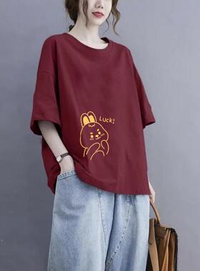 夏季大码女士100%纯棉薄款宽松显瘦百搭印花遮肉T恤女妈妈装潮流