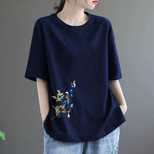纯棉短袖女宽松显瘦大码百搭t恤时尚印花休闲圆领半袖女上衣夏季