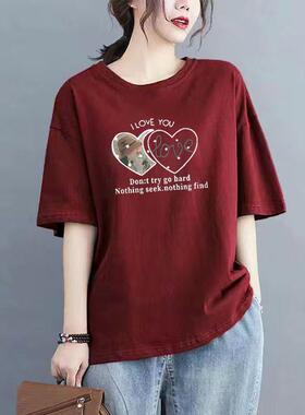 夏季大码女士100%纯棉薄款宽松显瘦百搭印花遮肉T恤女妈妈装潮流