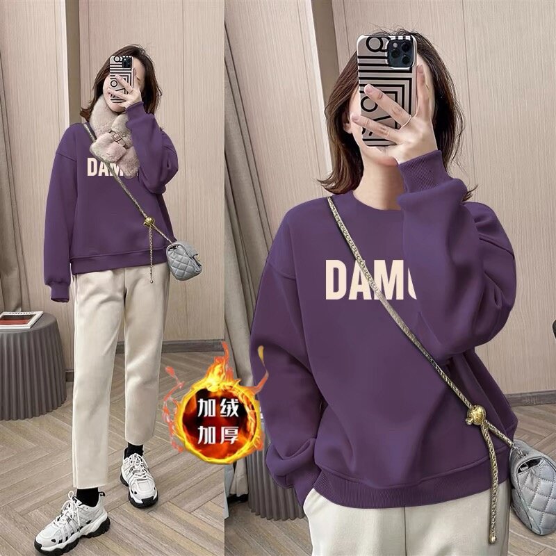 秋冬圆领加绒卫衣女休闲加厚套头修身显瘦时尚印花外穿韩版上衣潮