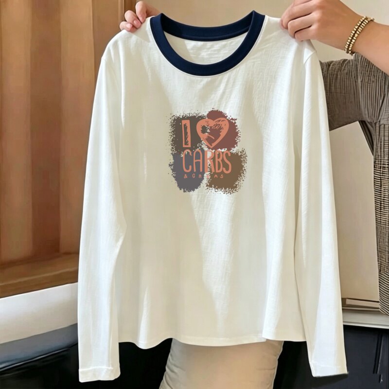 春秋装竹节棉圆领长袖T恤女新款洋气大码印花宽松显瘦上衣
