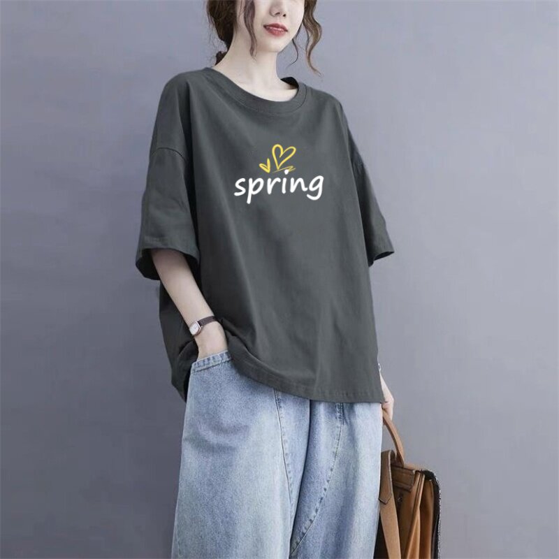 纯棉圆领短袖T恤女士2026夏季新款印花宽松大码胖mm半袖体恤上衣
