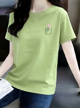 夏季大码女士100%纯棉薄款宽松显瘦百搭印花遮肉T恤女妈妈装潮流