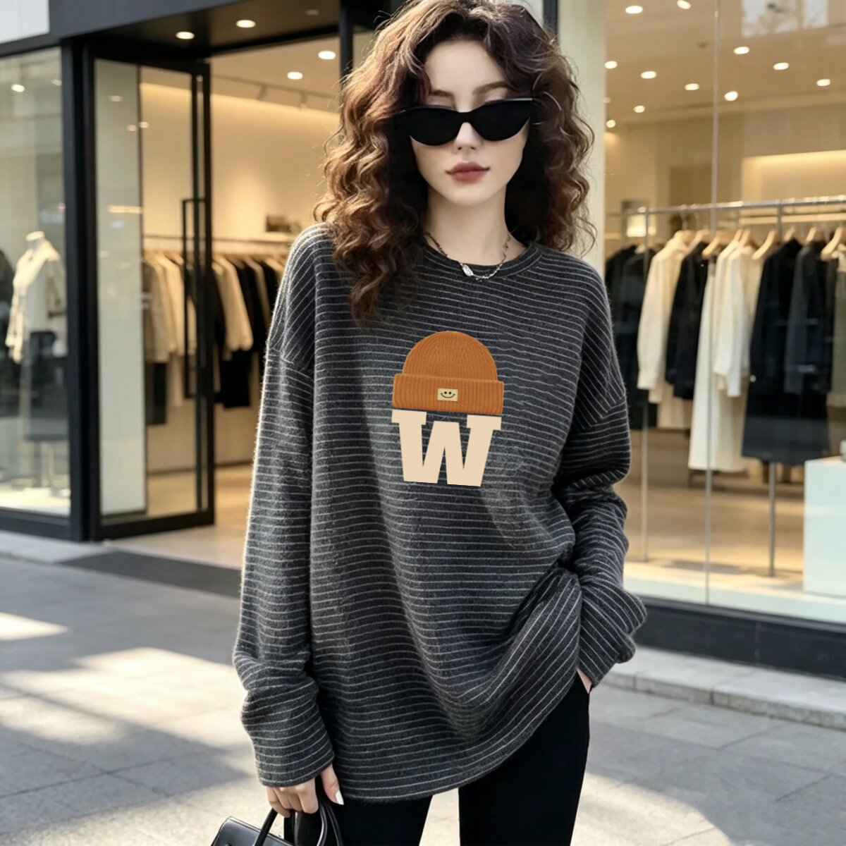 德绒中长款长袖t恤女欧货宽松秋冬保暖显瘦遮肉打底减龄印花上衣