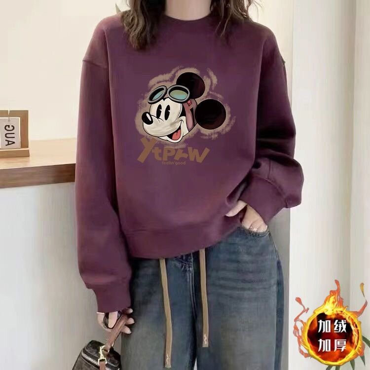 秋冬卫衣女加绒宽松圆领显瘦长袖外套百搭加厚上衣休闲套头外穿潮