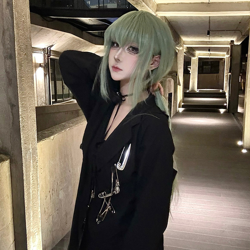 暗黑风别针亚麻西装外套