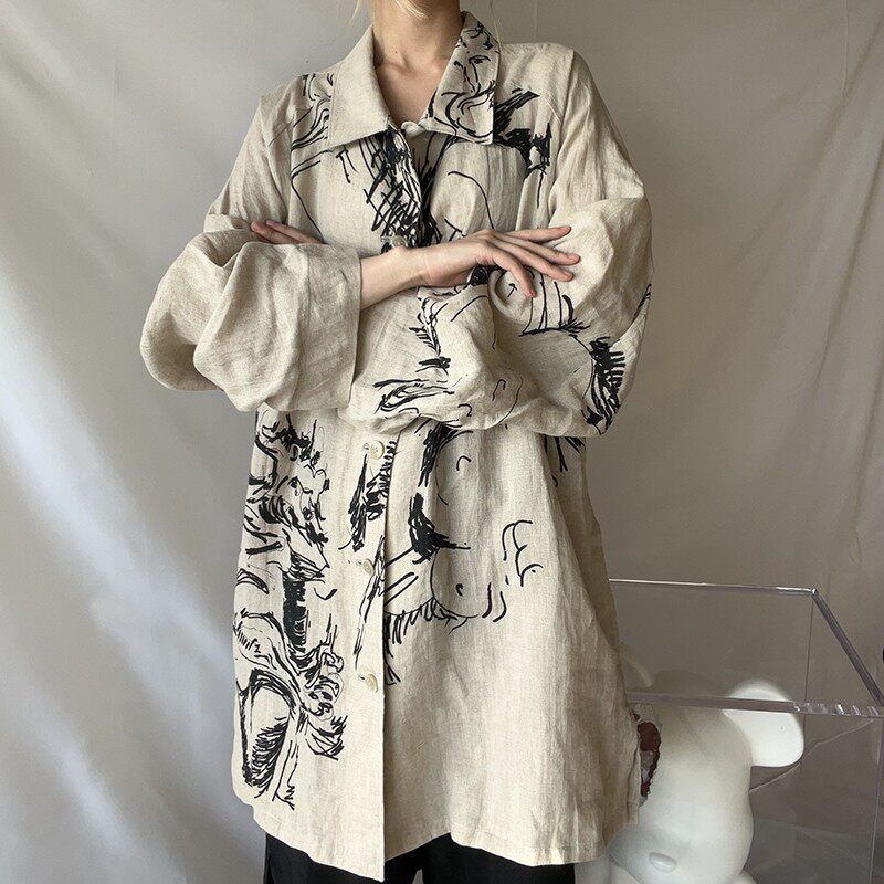 -EvanXX 原创小众暗黑风朝仓优佳手绘斗兽亚麻衬衫余佳运