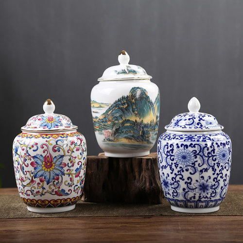 青花陶瓷茶叶罐大号景德镇珐琅彩将军罐四方家用复古密封红茶普洱