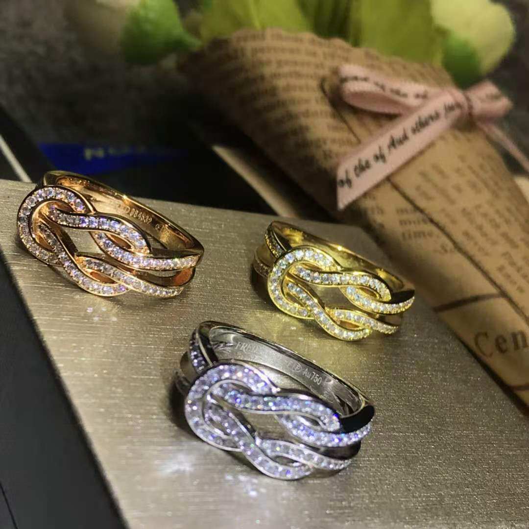 欧美时尚U形8字结绳戒指宽版窄版满钻半钻无钻V金镀18K玫瑰金对戒