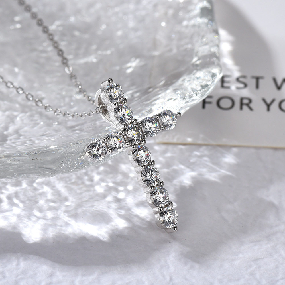 纯银S925项链女十字架镶钻时尚简约气质十字链锁骨链厂家直销吊坠
