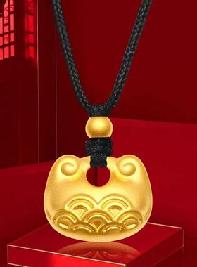 越南沙金小胖福金坨坨吊坠 铜镀金猫耳朵祥云平安锁挂坠项链现货