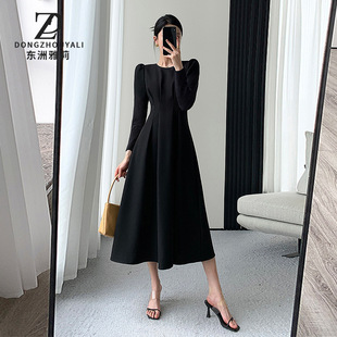 6684东洲百搭黑色连衣裙女职业高腰中长款时尚洋气感显瘦裙子现货