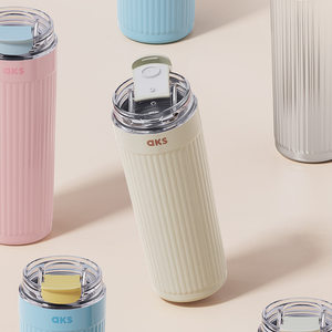 aks兴财不锈钢咖啡杯316大容量保温杯女生办公室带盖吸管杯水杯子