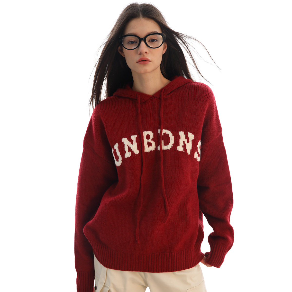 UNBDNS 美式字母针织毛衣外套男女款高街连帽套头卫衣长袖宽松型