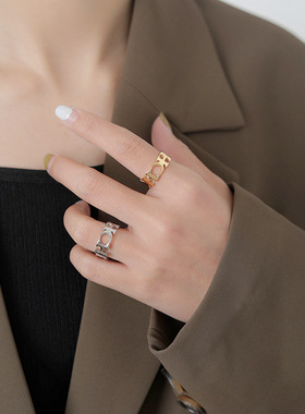 气质简约欧美时尚英文字母CH镂空女戒指潮酷个性小众食指关节指环