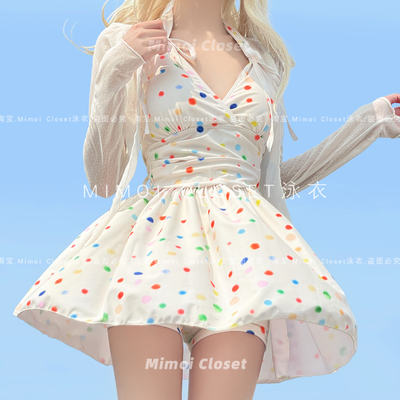 Mimoi挂脖法式微胖连体游泳衣女