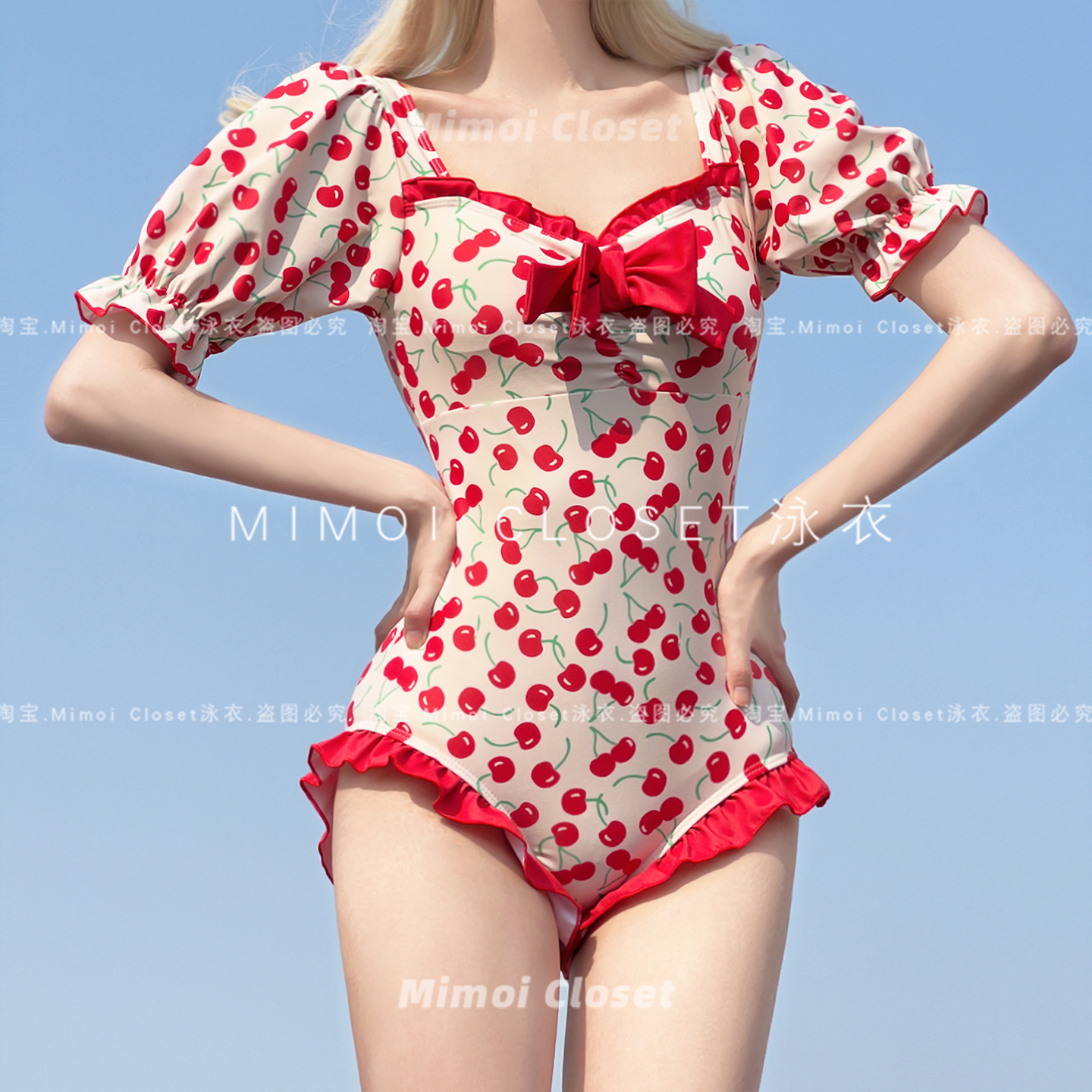 Mimoi Closet【樱桃甜心】新款短袖可爱少女连体温泉游泳衣女款