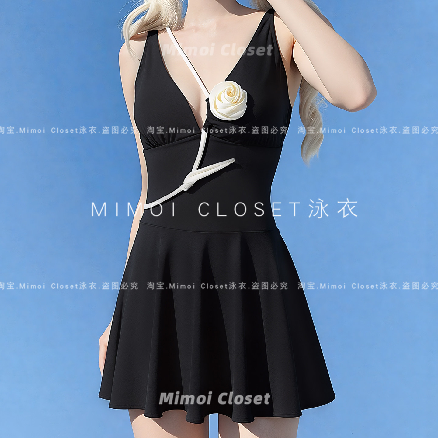 Mimoi赫本裙式黑白连体游泳衣女