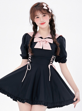 Mimoi Closet短袖海军黑色裙式蝴蝶结新款可爱少女温泉游泳衣女款