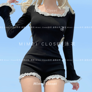 连体保守连体显瘦遮肚平角游泳衣女款 Mimoi Closet黑色小香风长袖