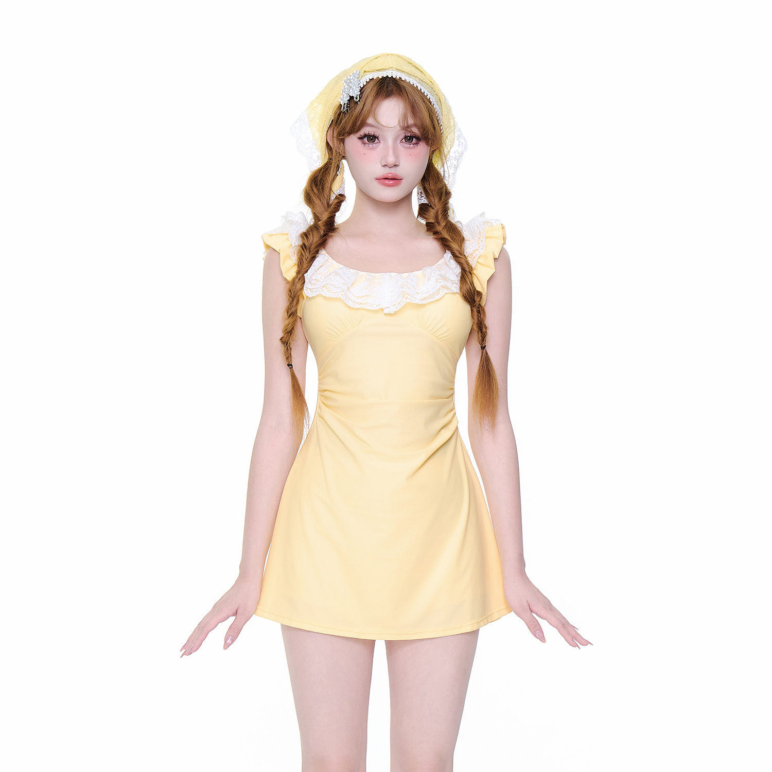 Mimoi法式黄色蕾丝游泳衣女款