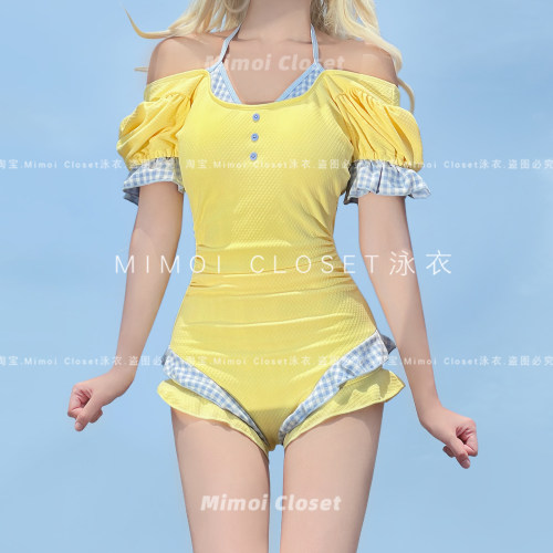 Mimoi柠檬黄泡泡袖可爱游泳衣女
