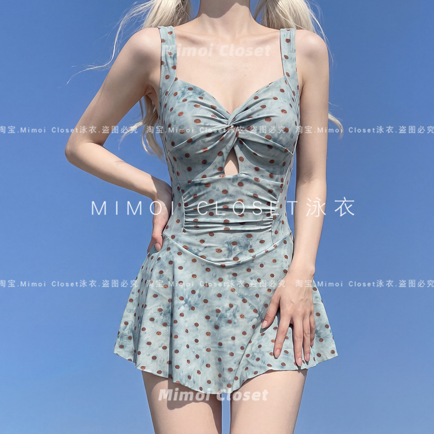 Mimoi Closet新款复古波点多巴胺甜心可爱少女连体裙式游泳衣女