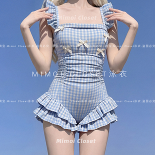 游泳衣女款 甜美少女蓝格子连体蝴蝶结高级感泳装 Closet新款 Mimoi