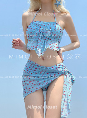 MimoiCloset蓝色比基尼三件套女