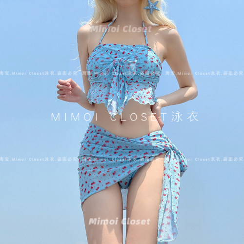 MimoiCloset蓝色比基尼三件套女