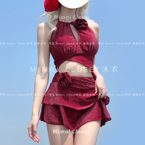 Mimoi Closet新款复古玫瑰酒红绝美辣妹性感纯欲分体游泳衣女款 - 封面