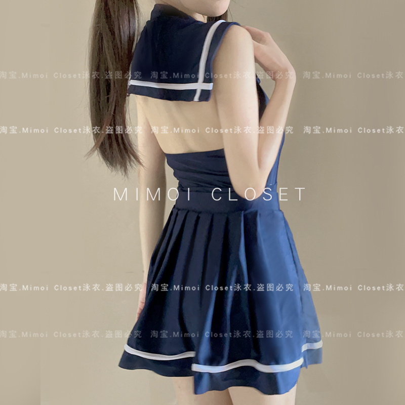 MimoiCloset蓝色水手服游泳衣女