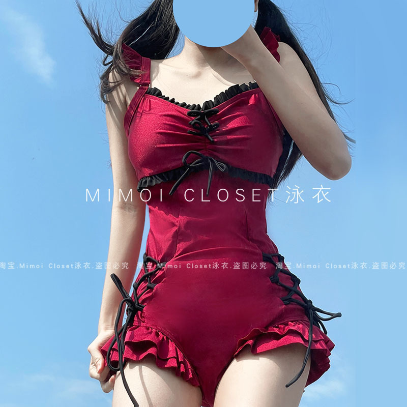 Mimoi Closet复古红色多巴胺高级感宫廷泳装连体可爱游泳衣女款