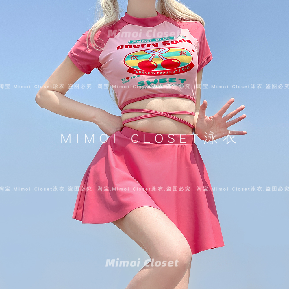 Mimoi Closet【樱桃日记】新款可爱红分体短袖少女裙式游泳衣女款