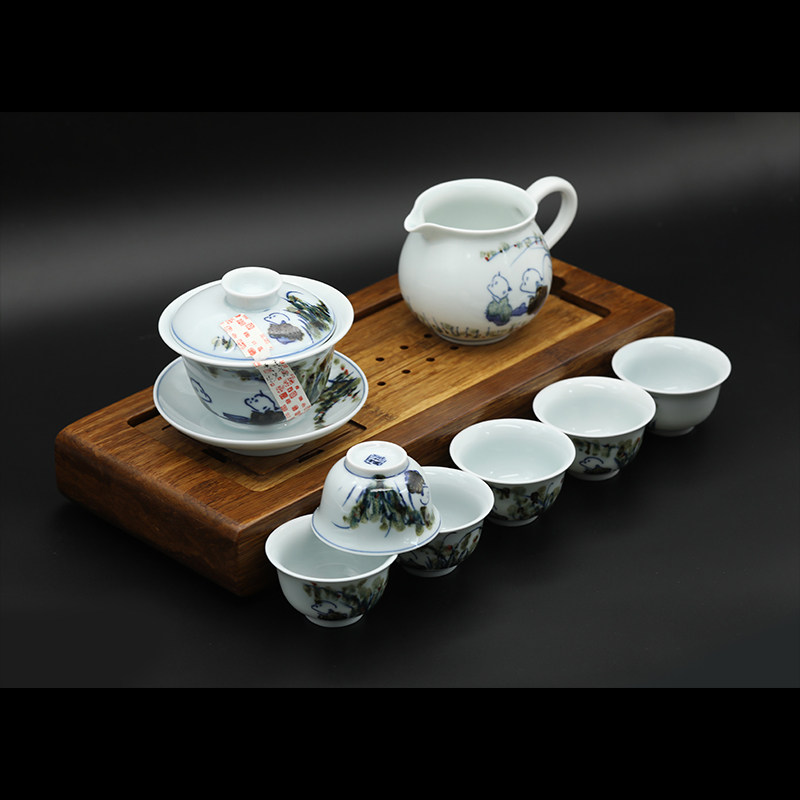 贵和祥 景德镇陶瓷茶具 品茗杯三才杯盖碗礼盒 手绘窑变草丛婴戏