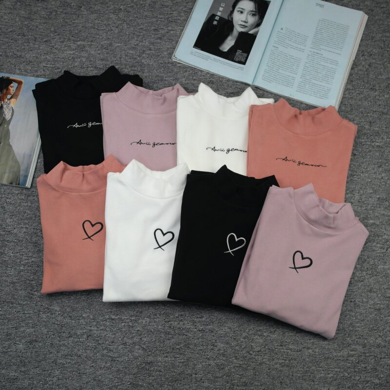 秋冬季德绒半高领女式打底衫长袖T保暖修身弹力上衣