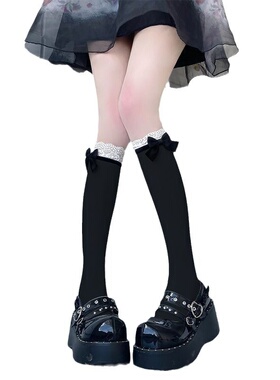 黑色蝴蝶结蕾丝花边小腿袜学院风白色堆堆袜日系jk甜美中筒袜夏薄
