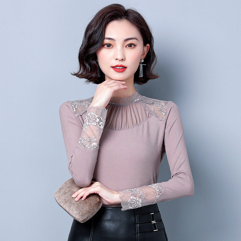 蕾丝领打底衫女长袖秋冬新款高领螺纹棉遮肚修身上衣洋气内搭t恤
