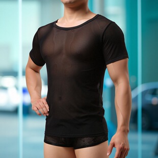 简约性感网纱背心男包邮网红薄纱上衣无痕T恤速干透明打底无袖衫